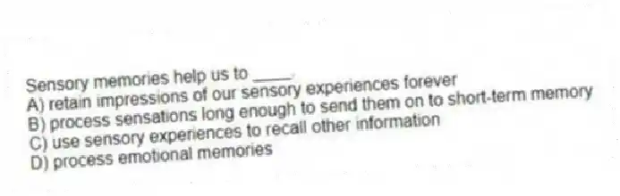 Sensory memories help us to ____.
A) retain impressions of our sensory experiences forever
B) process sensations long enough to send them on to short-term memory
C) use sensory experiences to recall other information
D) process emotional memories