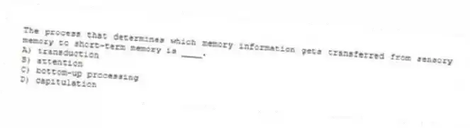 The process that determines which memory information gets transferred from sensory memory to short-term memory is ____.
A) transduction
B) attention
C) bottom-up processing
D) capitulation