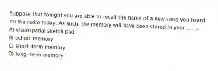 Suppose that tonight you are able to recall the name of a new song you heard on the radio today. As such, the memory will have been stored in your ____.
A) visuospatial sketch pad
B) echoic memory
C) short-term memory
D) long-term memory