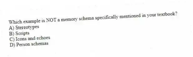 Which example is NOT a memory schema specifically mentioned in your textbook?
A) Stereotypes
B) Scripts
C) Icons and echoes
D) Person schemas