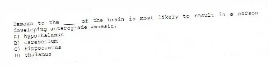 Damage to the ____ of the brain is most likely to result in a person developing anterograde amnesia.
A) hypothalamus
B) cerebellum
C) hippocampus
D) thalamus