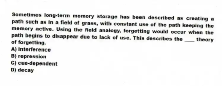 Sometimes long-term memory storage has been described as creating a path such as in a field of grass, with constant use of the path keeping the memory active. Using the field analogy, forgetting would occur when the path begins to disappear due to lack of use. This describes the ____ theory of forgetting.
A) interference
B) repression
C) cue-dependent
D) decay