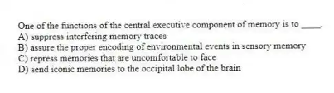One of the functions of the central executive component of memory is to ____.
A) suppress interfering memory traces
B) assure the proper encoding of environmental events in sensory memory
C) repress memories that are uncomfortable to face
D) send iconic memories to the occipital lobe of the brain