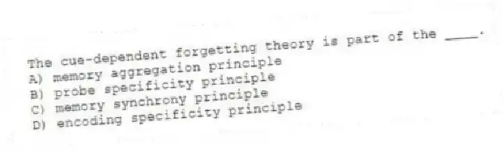 The cue-dependent forgetting theory is part of the ____.
A) memory aggregation principle
B) probe specificity principle
C) memory synchrony principle
D) encoding specificity principle