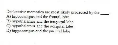 Declarative memories are most likely processed by the ____.
A) hippocampus and the frontal lobe
B) hypothalamus and the temporal lobe
C) hypothalamus and the occipital lobe
D) hippocampus and the parietal lobe