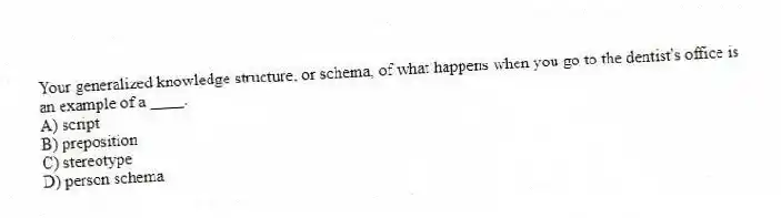 Your generalized knowledge structure, or schema, of what happens when you go to the dentist's office is an example of a ____.
A) script
B) preposition
C) stereotype
D) person schema