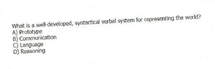 What is a well-developed, syntactical verbal system for representing the world?
A) Prototype
B) Communication
C) Language
D) Reasoning