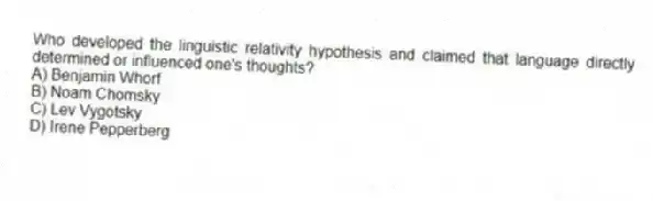 Who developed the linguistic relativity hypothesis and claimed that language directly determined or influenced one's thoughts?
A) Benjamin Whorf
B) Noam Chomsky
C) Lev Vygotsky
D) Irene Pepperberg