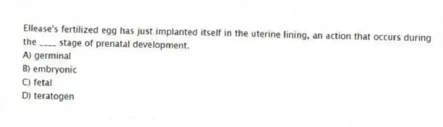 Ellease's fertilized egg has just implanted itself in the uterine lining, an action that occurs during the ____ stage of prenatal development.
A) germinal
B) embryonic
C) fetal
D) teratogen