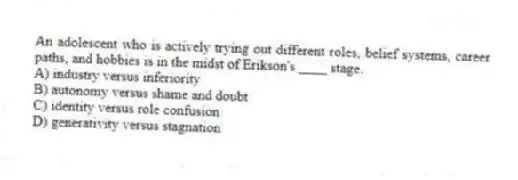 An adolescent who is actively trying out different roles, belief systems, career paths, and hobbies is in the midst of Erikson's ____ stage.
A) industry versus inferiority
B) autonomy versus shame and doubt
C) identity versus role confusion
D) generativity versus stagnation