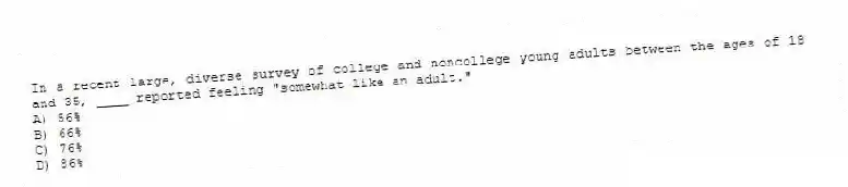 In a recent large, diverse survey of college and noncollege young adults between the ages of 18 and 35, ____ reported feeling "somewhat like an adult."
A) 56%
B) 66%
C) 76%
D) 86%