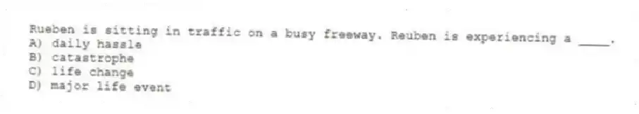 Rueben is sitting in traffic on a busy freeway. Reuben is experiencing a ____.
A) daily hassle
B) catastrophe
C) life change
D) major life event