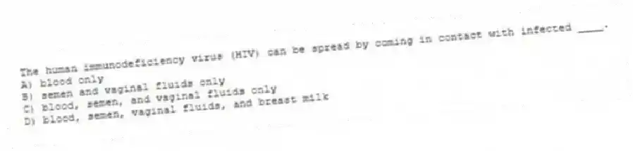 The human immunodeficiency virus (HIV) can be spread by coming in contact with infected ____.
A) blood only
B) semen and vaginal fluids only
C) blood, semen, and vaginal fluids only
D) blood, semen, vaginal fluids, and breast milk