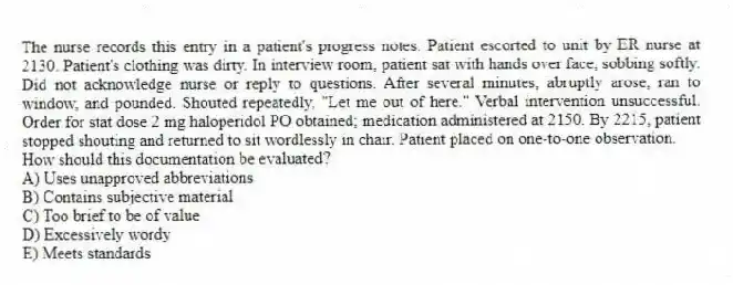 The nurse records this entry in a patient's progress notes: Patient escorted to unit by ER nurse at 2130. Patient's clothing was dirty. In interview room, patient sat with hands over face, sobbing softly. Did not acknowledge nurse or reply to questions. After several minutes, abruptly arose, ran to window, and pounded. Shouted repeatedly, "Let me out of here." Verbal intervention unsuccessful. Order for stat dose 2 mg haloperidol PO obtained; medication administered at 2150. By 2215, patient stopped shouting and returned to sit wordlessly in chair. Patient placed on one-to-one observation.
How should this documentation be evaluated?
A) Uses unapproved abbreviations
B) Contains subjective material
C) Too brief to be of value
D) Excessively wordy
E) Meets standards