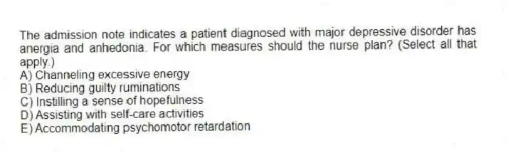 The admission note indicates a patient diagnosed with major depressive disorder has anergia and anhedonia. For which measures should the nurse plan? (Select all that apply.)
A) Channeling excessive energy
B) Reducing guilty ruminations
C) Instilling a sense of hopefulness
D) Assisting with self-care activities
E) Accommodating psychomotor retardation