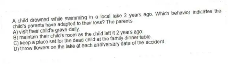A child drowned while swimming in a local lake 2 years ago. Which behavior indicates the child's parents have adapted to their loss? The parents
A) visit their child's grave daily.
B) maintain their child's room as the child left it 2 years ago.
C) keep a place set for the dead child at the family dinner table.
D) throw flowers on the lake at each anniversary date of the accident.