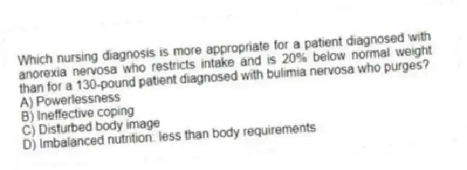 Which nursing diagnosis is more appropriate for a patient diagnosed with anorexia nervosa who restricts intake and is 20% below normal weight than for a 130-pound patient diagnosed with bulimia nervosa who purges?
A) Powerlessness
B) Ineffective coping
C) Disturbed body image
D) Imbalanced nutrition: less than body requirements