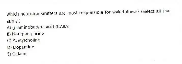 Which neurotransmitters are most responsible for wakefulness? (Select all that apply.)
A) g-aminobutyric acid (GABA)
B) Norepinephrine
C) Acetylcholine
D) Dopamine
E) Galanin