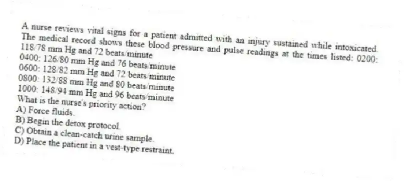 A nurse reviews vital signs for a patient admitted with an injury sustained while intoxicated. The medical record shows these blood pressure and pulse readings at the times listed: 0200: 118/78 mm Hg and 72 beats/minute
0400: 126/80 mm Hg and 76 beats/minute
0600: 128/82 mm Hg and 72 beats/minute
0800: 132/88 mm Hg and 80 beats/minute
1000: 148/94 mm Hg and 96 beats/minute
What is the nurse's priority action?
A) Force fluids.
B) Begin the detox protocol.
C) Obtain a clean-catch urine sample.
D) Place the patient in a vest-type restraint.