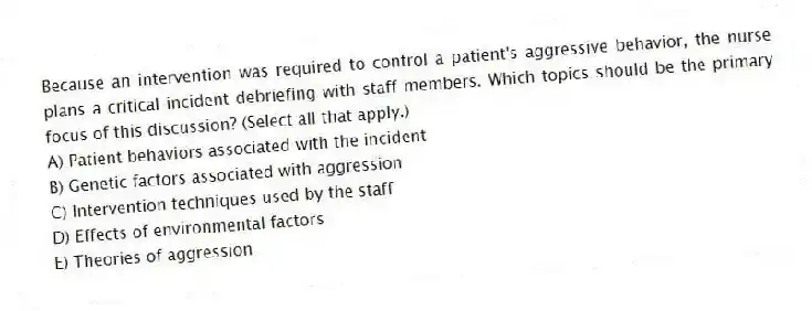 Because an intervention was required to control a patient's aggressive behavior, the nurse plans a critical incident debriefing with staff members. Which topics should be the primary focus of this discussion? (Select all that apply.)
A) Patient behaviors associated with the incident
B) Genetic factors associated with aggression
C) Intervention techniques used by the staff
D) Effects of environmental factors
E) Theories of aggression