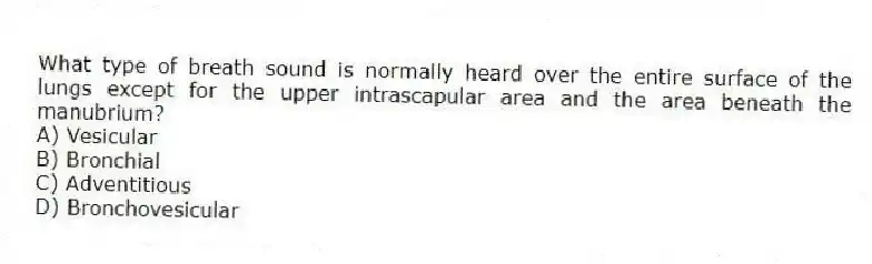 What type of breath sound is normally heard over the entire surface of the lungs except for the upper intrascapular area and the area beneath the manubrium?
A) Vesicular
B) Bronchial
C) Adventitious
D) Bronchovesicular