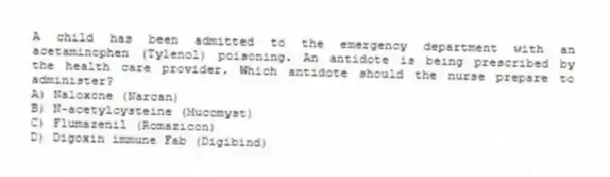 A child has been admitted to the emergency department with an acetaminophen (Tylenol) poisoning. An antidote is being prescribed by the health care provider. Which antidote should the nurse prepare to administer?
A) Naloxone (Narcan)
B) N-acetylcysteine (Mucomyst)
C) Flumazenil (Romazicon)
D) Digoxin immune Fab (Digibind)