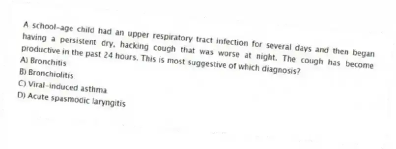 A school-age child had an upper respiratory tract infection for several days and then began having a persistent dry, hacking cough that was worse at night. The cough has become productive in the past 24 hours. This is most suggestive of which diagnosis?
A) Bronchitis
B) Bronchiolitis
C) Viral-induced asthma
D) Acute spasmodic laryngitis