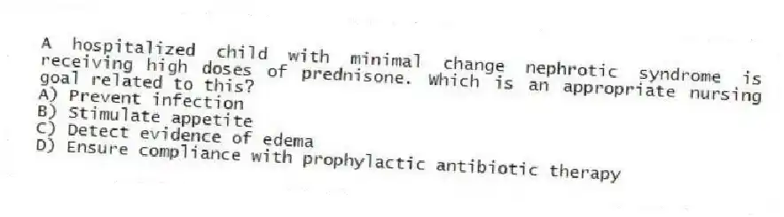 A hospitalized child with minimal change nephrotic syndrome is receiving high doses of prednisone. Which is an appropriate nursing goal related to this?
A) Prevent infection
B) Stimulate appetite
C) Detect evidence of edema
D) Ensure compliance with prophylactic antibiotic therapy