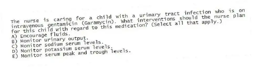 The nurse is caring for a child with a urinary tract infection who is on intravenous gentamicin (Garamycin). What interventions should the nurse plan for this child with regard to this medication? (Select all that apply.)
A) Encourage fluids.
B) Monitor urinary output.
C) Monitor sodium serum levels.
D) Monitor potassium serum levels.
E) Monitor serum peak and trough levels.