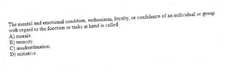 The mental and emotional condition, enthusiasm, loyalty, or confidence of an individual or group with regard to the function or tasks at hand is called
A) morale.
B) tenacity.
C) insubordination.
D) initiative.