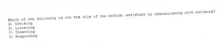 Which of the following is not the role of the medical assistant in communicating with patients?
A) Advising
B) Listening
C) Observing
D) Responding