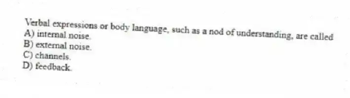 Verbal expressions or body language, such as a nod of understanding, are called
A) internal noise.
B) external noise.
C) channels.
D) feedback.