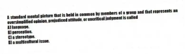 A standard mental picture that is held in common by members of a group and that represents an oversimplified opinion, prejudiced attitude, or uncritical judgment is called
A) language.
B) perception.
C) a stereotype.
D) a multicultural issue.