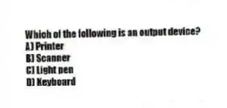 Which of the following is an output device?
A) Printer
B) Scanner
C) Light pen
D) Keyboard