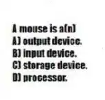 A mouse is a(n)
A) output device.
B) input device.
C) storage device.
D) processor.