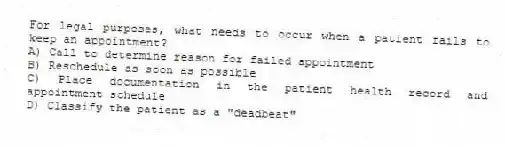 For legal purposes, what needs to occur when a patient fails to keep an appointment?
A) Call to determine reason for failed appointment
B) Reschedule as soon as possible
C) Place documentation in the patient health record and appointment schedule
D) Classify the patient as a "deadbeat"