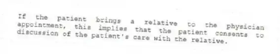 If the patient brings a relative to the physician appointment, this implies that the patient consents to discussion of the patient's care with the relative.