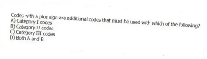Codes with a plus sign are additional codes that must be used with which of the following?
A) Category I codes
B) Category II codes
C) Category III codes
D) Both A and B