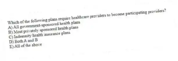 Which of the following plans require healthcare providers to become participating providers?
A) All government-sponsored health plans
B) Most privately sponsored health plans
C) Indemnity health insurance plans
D) Both A and B
E) All of the above