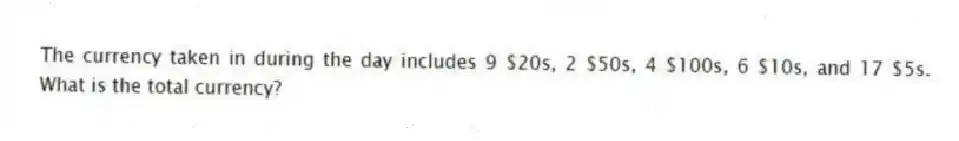 The currency taken in during the day includes 9 $20s, 2 $50s, 4 $100s, 6 $10s, and 17 $5s. What is the total currency?