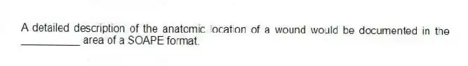 A detailed description of the anatomic location of a wound would be documented in the __________ area of a SOAPE format.