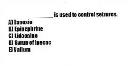 ______________ is used to control seizures.
A) Lanoxin
B) Epinephrine
C) Lidocaine
D) Syrup of ipecac
E) Valium