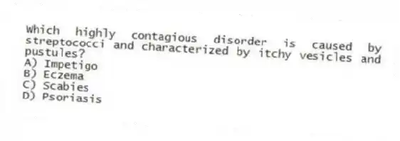 Which highly contagious disorder is caused by streptococci and characterized by itchy vesicles and pustules?
A) Impetigo
B) Eczema
C) Scabies
D) Psoriasis
