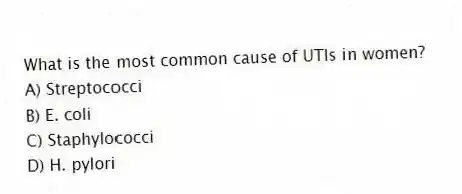 What is the most common cause of UTIs in women?
A) Streptococci
B) E. coli
C) Staphylococci
D) H. pylori