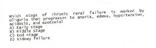 Which stage of chronic renal failure is marked by oliguria that progresses to anuria, edema, hypertension, acidosis, and azotemia?
A) Early stage
B) Middle stage
C) End stage
D) Kidney failure