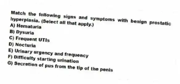 Match the following signs and symptoms with benign prostatic hyperplasia. (Select all that apply.)
A) Hematuria
B) Dysuria
C) Frequent UTIs
D) Nocturia
E) Urinary urgency and frequency
F) Difficulty starting urination
G) Secretion of pus from the tip of the penis