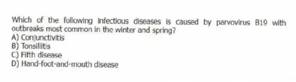 Which of the following infectious diseases is caused by parvovirus B19 with outbreaks most common in the winter and spring?
A) Conjunctivitis
B) Tonsillitis
C) Fifth disease
D) Hand-foot-and-mouth disease