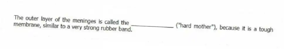 The outer layer of the meninges is called the ______________ ("hard mother"), because it is a tough membrane, similar to a very strong rubber band.