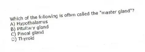 Which of the following is often called the "master gland"?
A) Hypothalamus
B) Pituitary gland
C) Pineal gland
D) Thyroid
