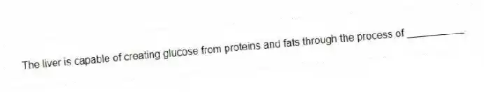 The liver is capable of creating glucose from proteins and fats through the process of __________.